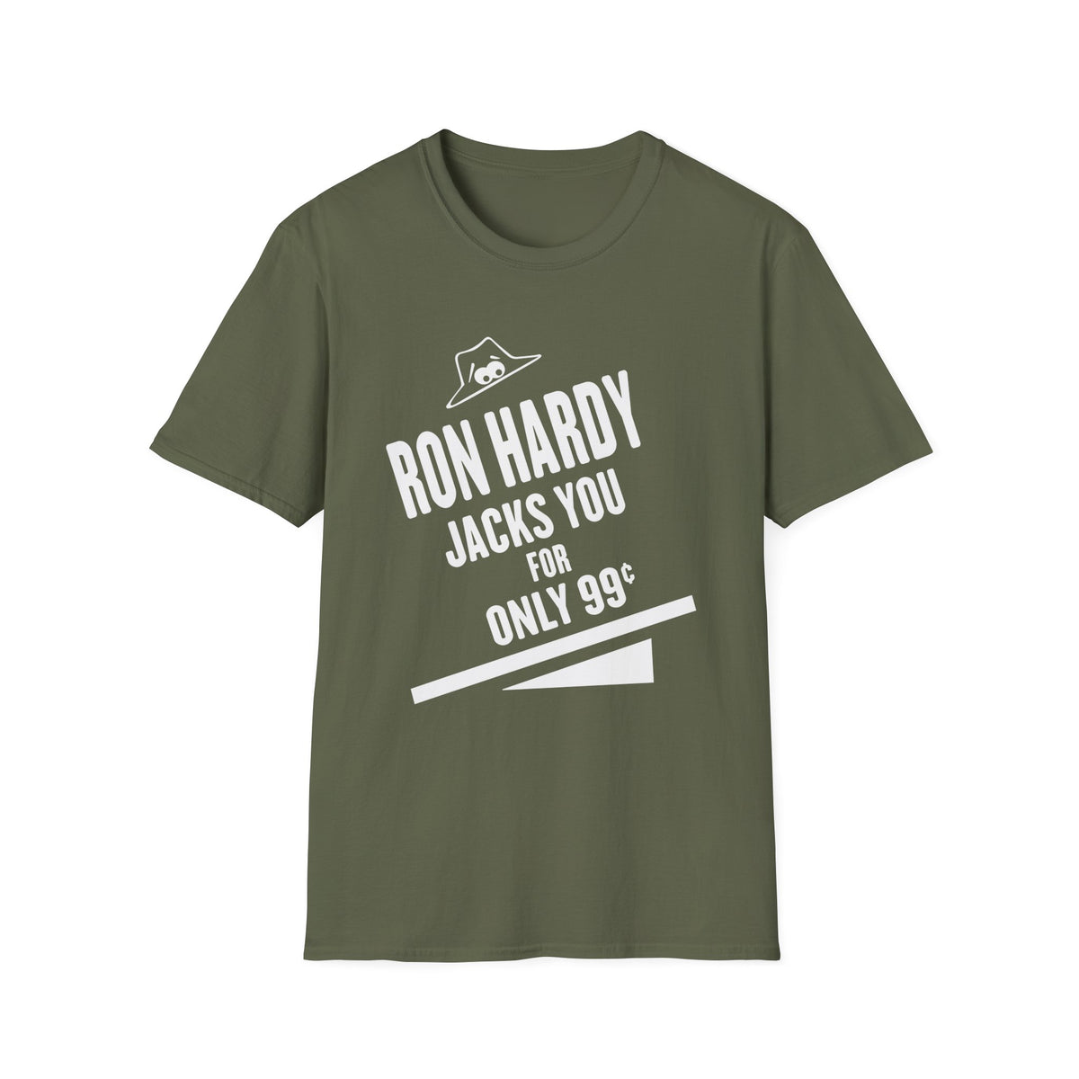Green t-shirt with Ron Hardy text and cartoon hat graphic.