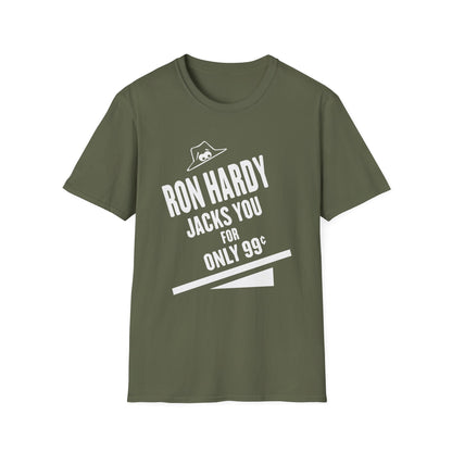 Green t-shirt with Ron Hardy text and cartoon hat graphic.