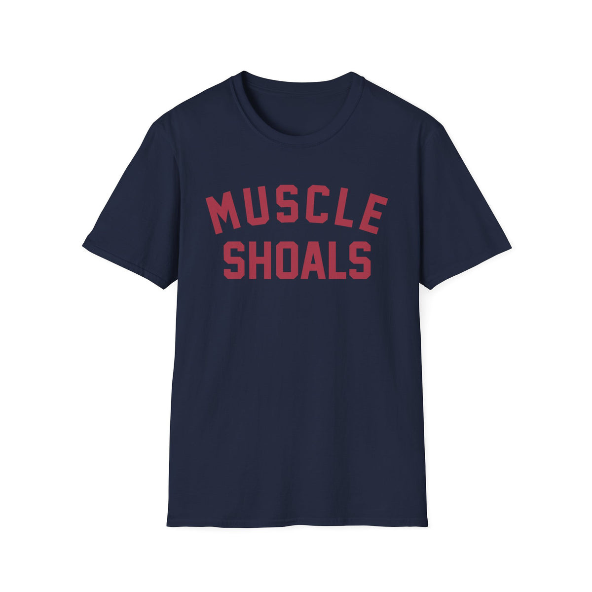 Navy t-shirt with red "Muscle Shoals" text across the chest.