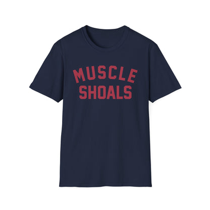 Navy t-shirt with red "Muscle Shoals" text across the chest.