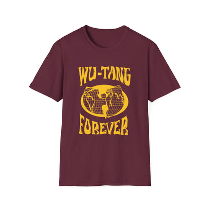 Maroon t-shirt with yellow Wu-Tang Clan logo and text "WU-TANG FOREVER".
