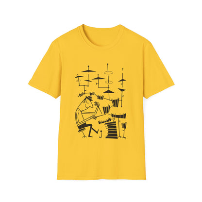Yellow t-shirt with black line drawing of a drummer playing a drum set.