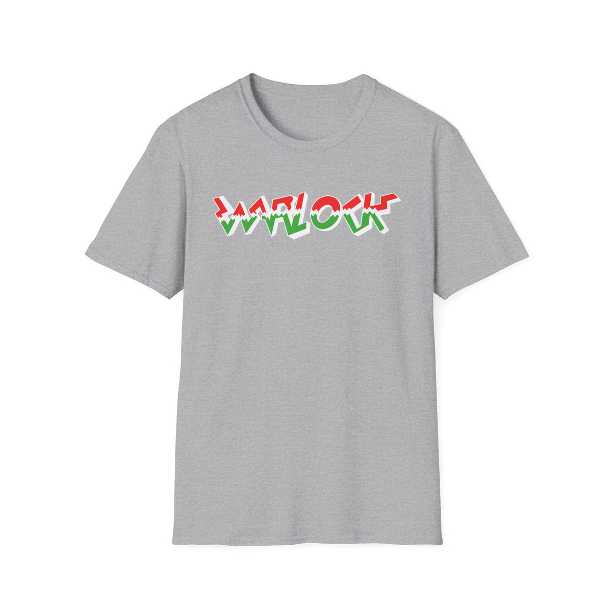 Grey t-shirt with "MANOW" text in red and green abstract font.
