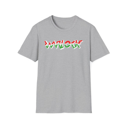 Grey t-shirt with "MANOW" text in red and green abstract font.