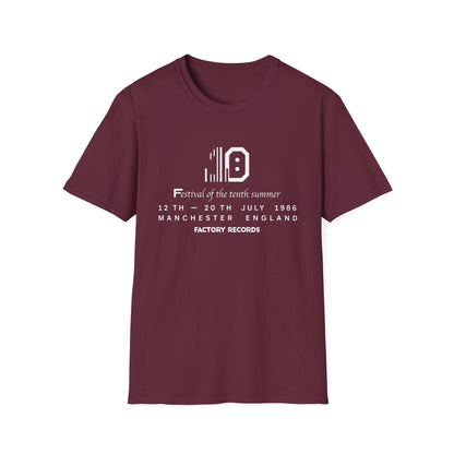 Maroon t-shirt with "10" logo, "Festival of the tenth summer", dates, and "Factory Records".