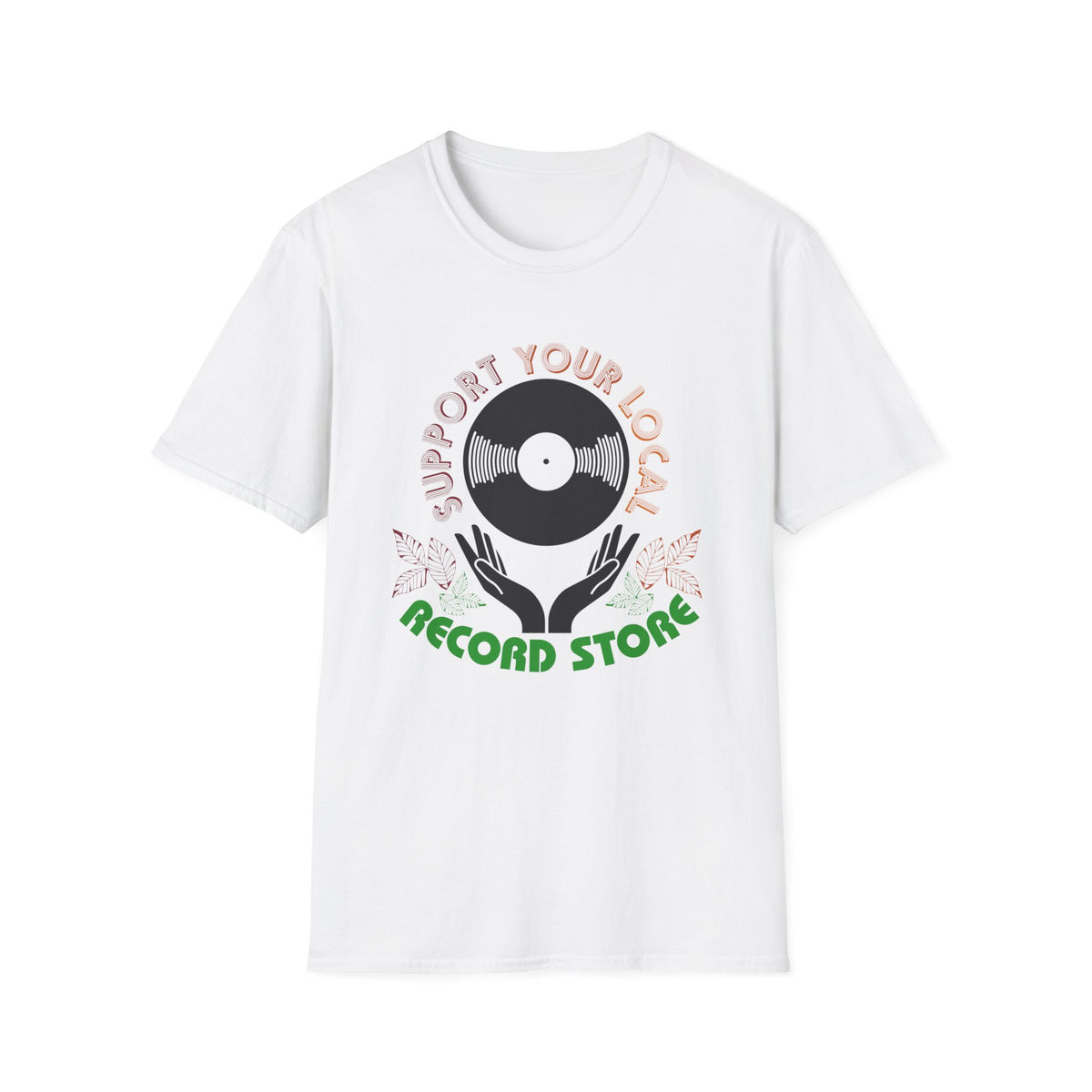 White t-shirt with "Support Your Local Record Store" text and vinyl record graphic.