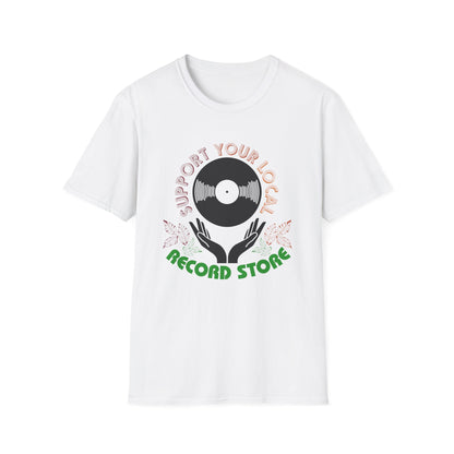 White t-shirt with "Support Your Local Record Store" text and vinyl record graphic.