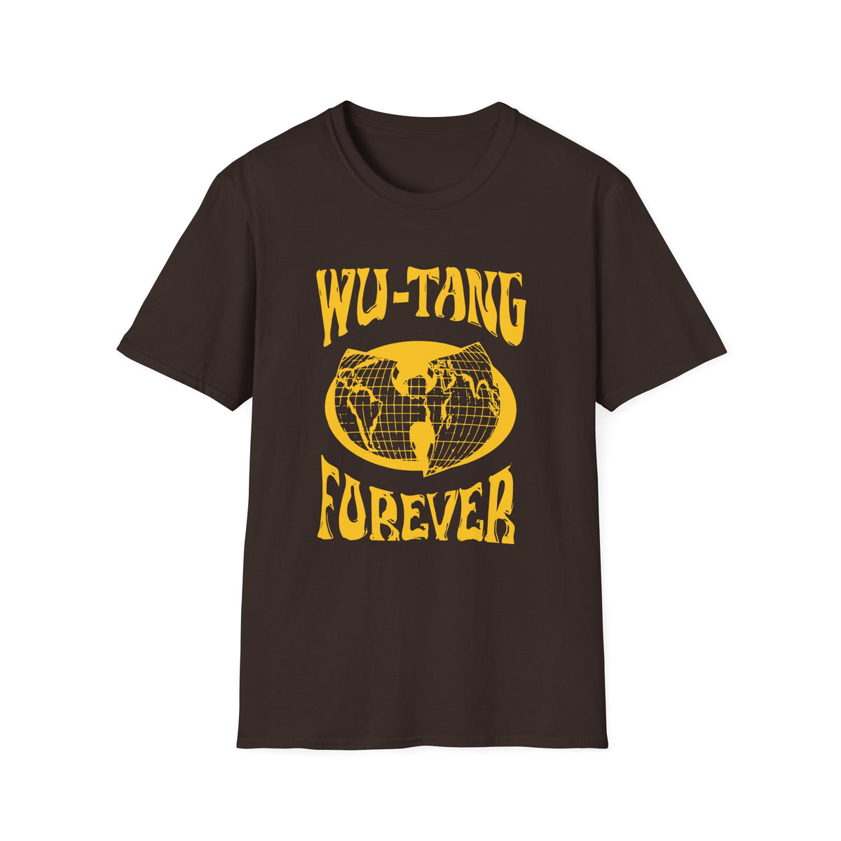 Brown t-shirt with yellow "WU-TANG FOREVER" text and globe graphic.
