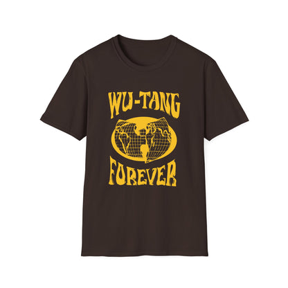 Brown t-shirt with yellow "WU-TANG FOREVER" text and globe graphic.