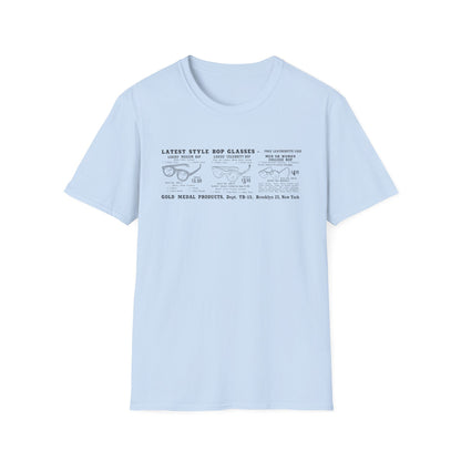 Light blue t-shirt with text advertising various styles of bop glasses and their prices.