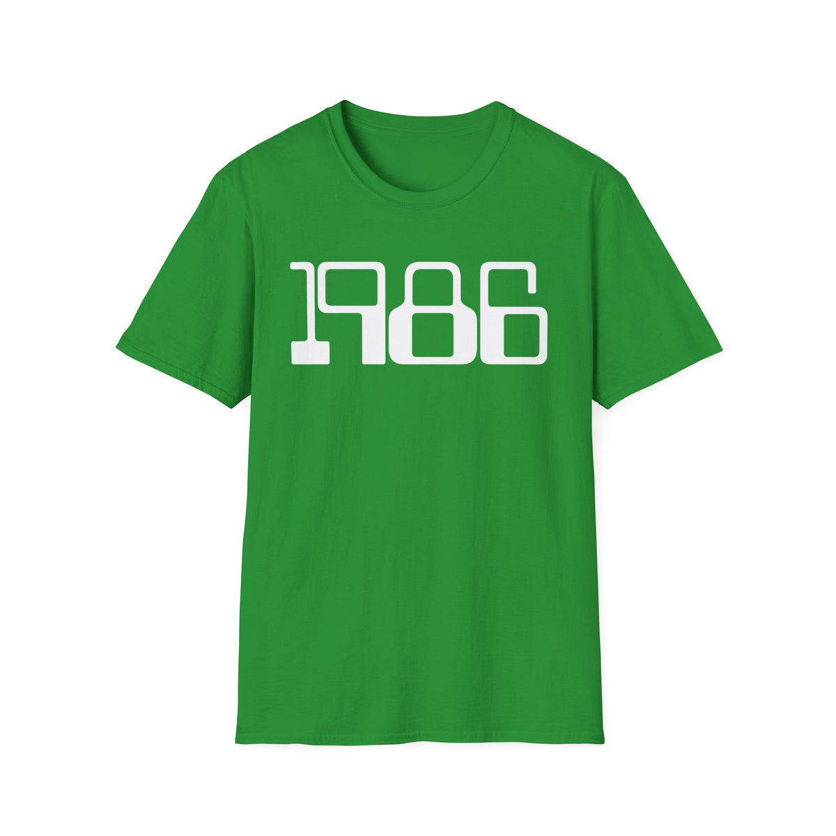 Green t-shirt with white text reading "1986"
