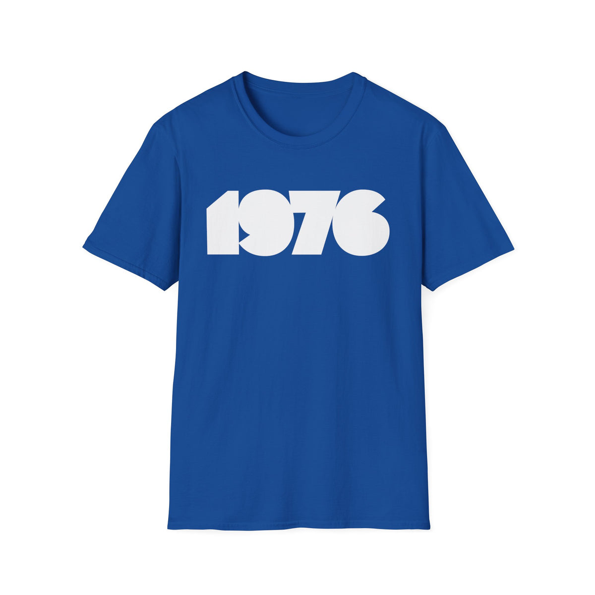 Blue t-shirt with white "1976" graphic.