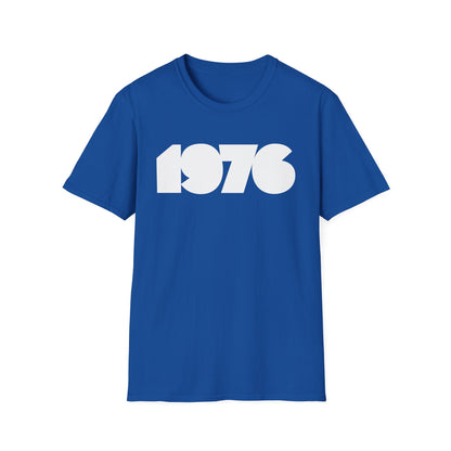Blue t-shirt with white "1976" graphic.