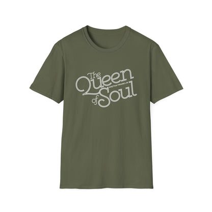Olive t-shirt with white text "The Queen of Soul Aretha Franklin"