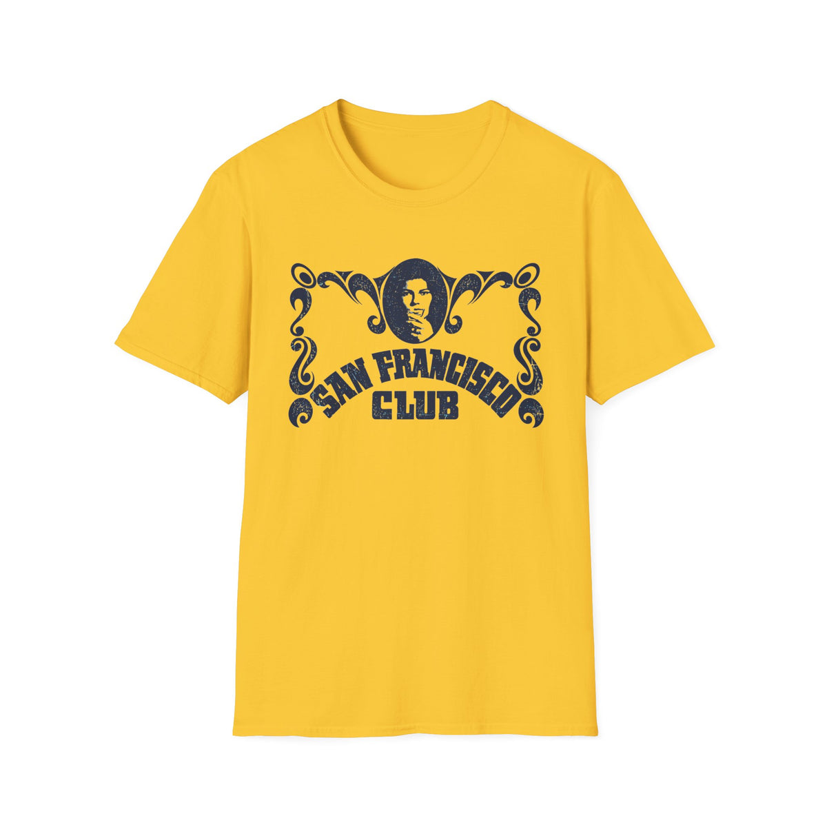 Yellow t-shirt with distressed "San Francisco Club" text and graphic.