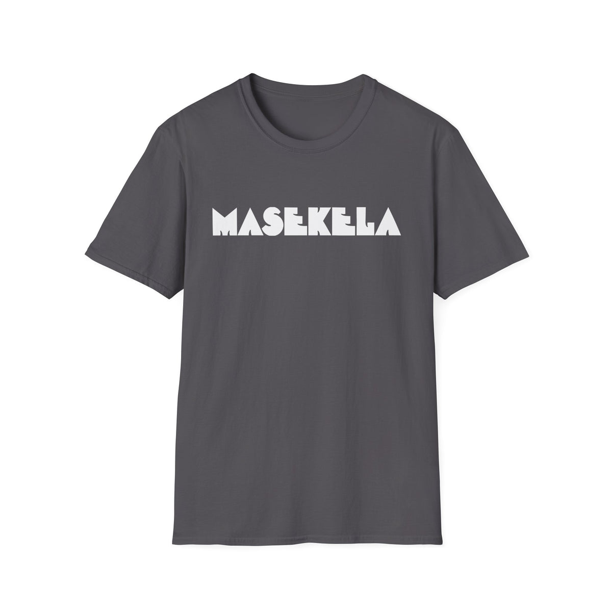 Gray t-shirt with white "MASEKELA" text across the chest.