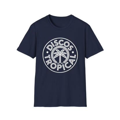 Navy t-shirt with white "Discos Tropica" circular logo and palm tree graphic.