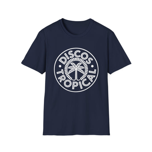 Navy t-shirt with white "Discos Tropica" circular logo and palm tree graphic.