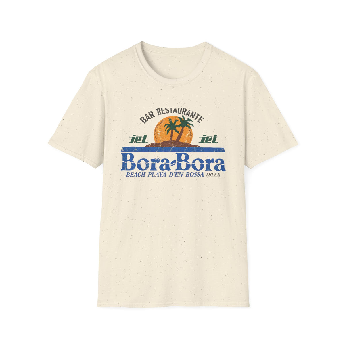 Cream t-shirt with "Bora Bora" text and a tropical island graphic.