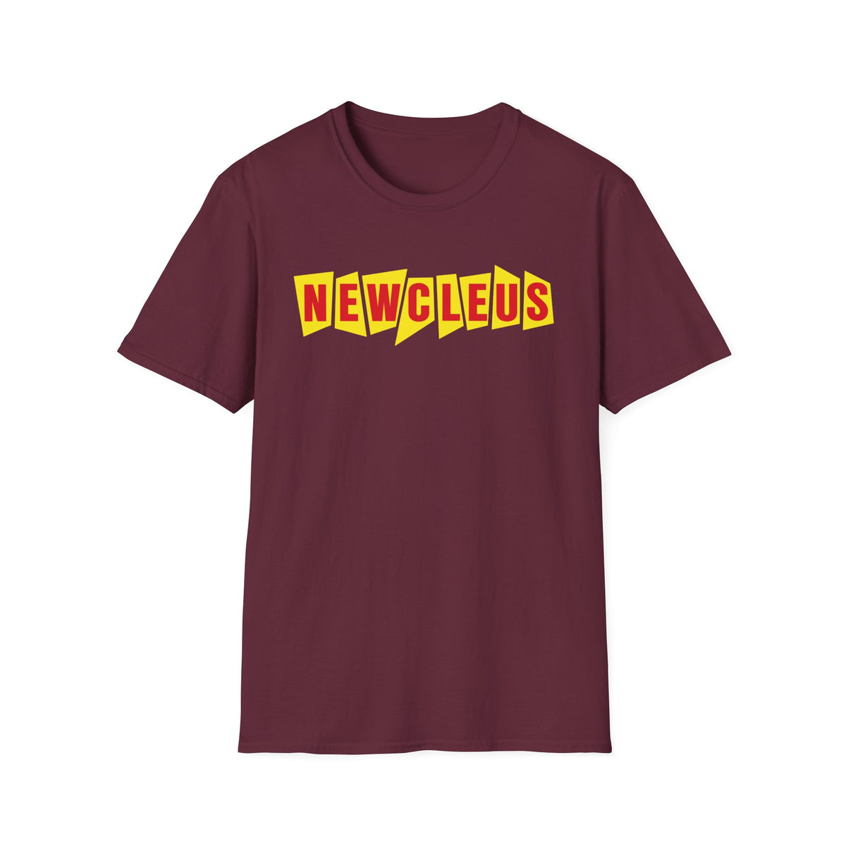 Maroon t-shirt with "NEWCLEUS" text in yellow and red.