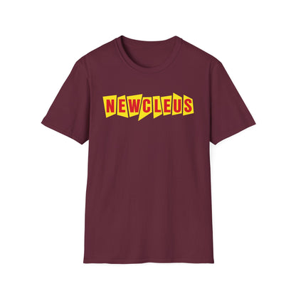 Maroon t-shirt with "NEWCLEUS" text in yellow and red.
