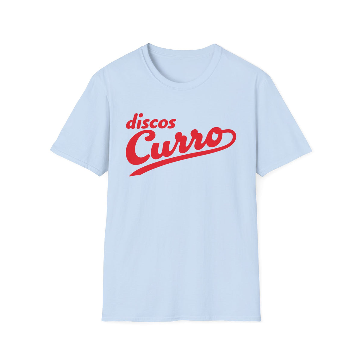 A light blue crewneck t-shirt with red text reading discos Curro centered on the chest.