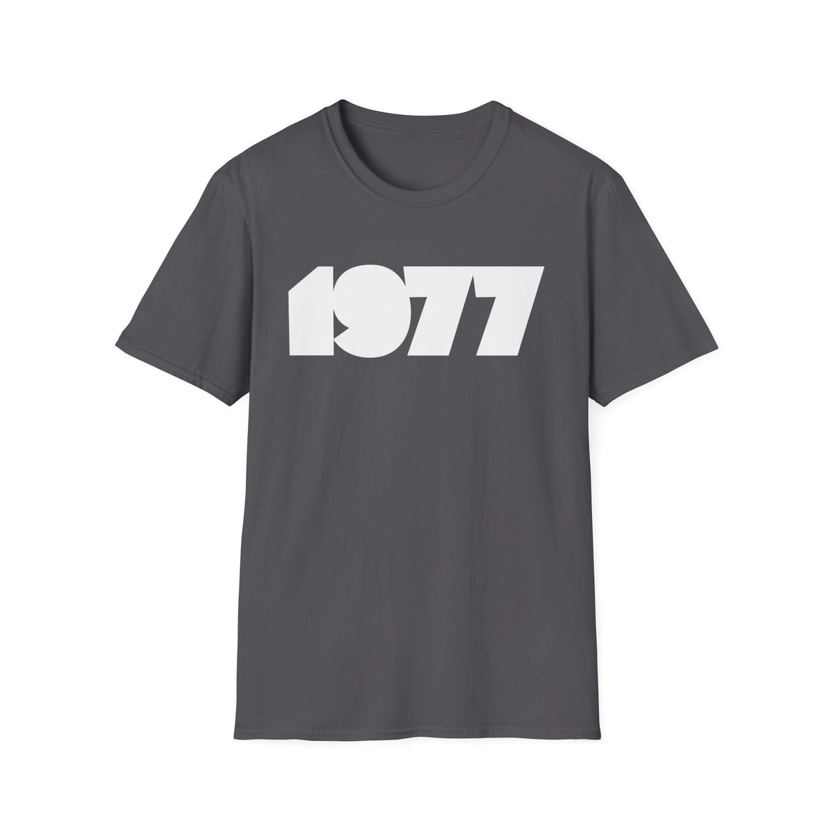 Dark grey t-shirt with white text "1977" printed on the front.