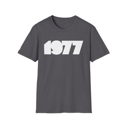 Dark grey t-shirt with white text "1977" printed on the front.