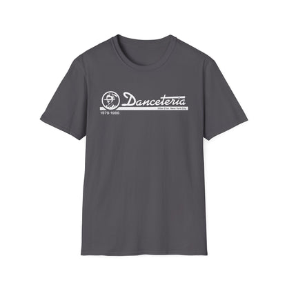 Dark grey t-shirt with white "Danceteria 30w 21st New York City 1979-1986" text and logo.