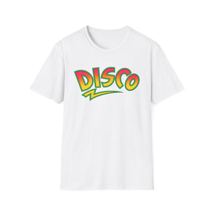 White t-shirt with a multicolored "Disco" graphic and yellow lightning bolt.