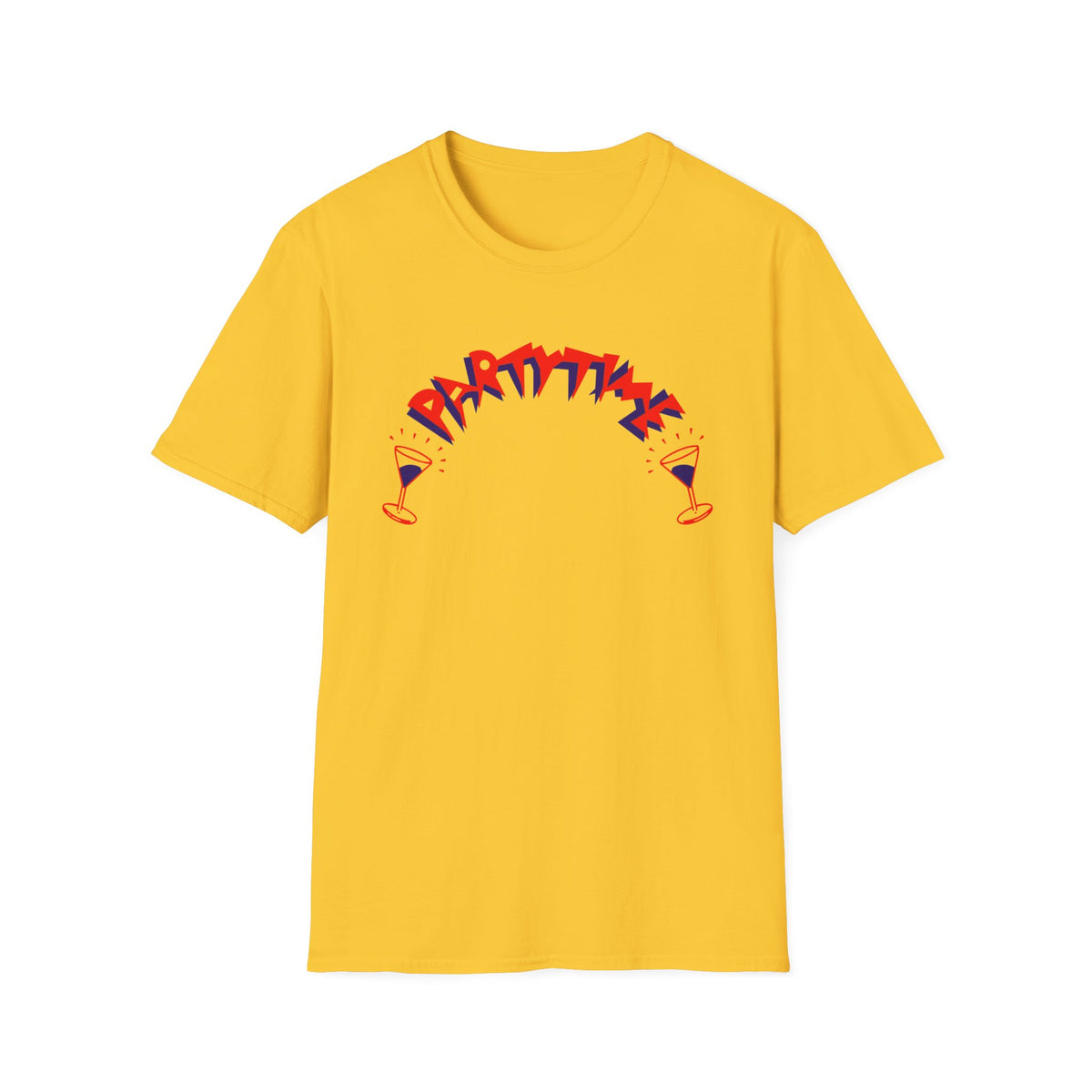 Yellow t-shirt with red and blue "Partytime" text and martini glasses.
