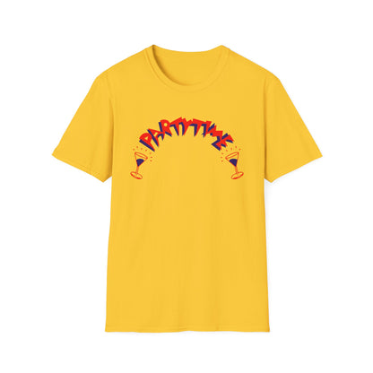 Yellow t-shirt with red and blue "Partytime" text and martini glasses.