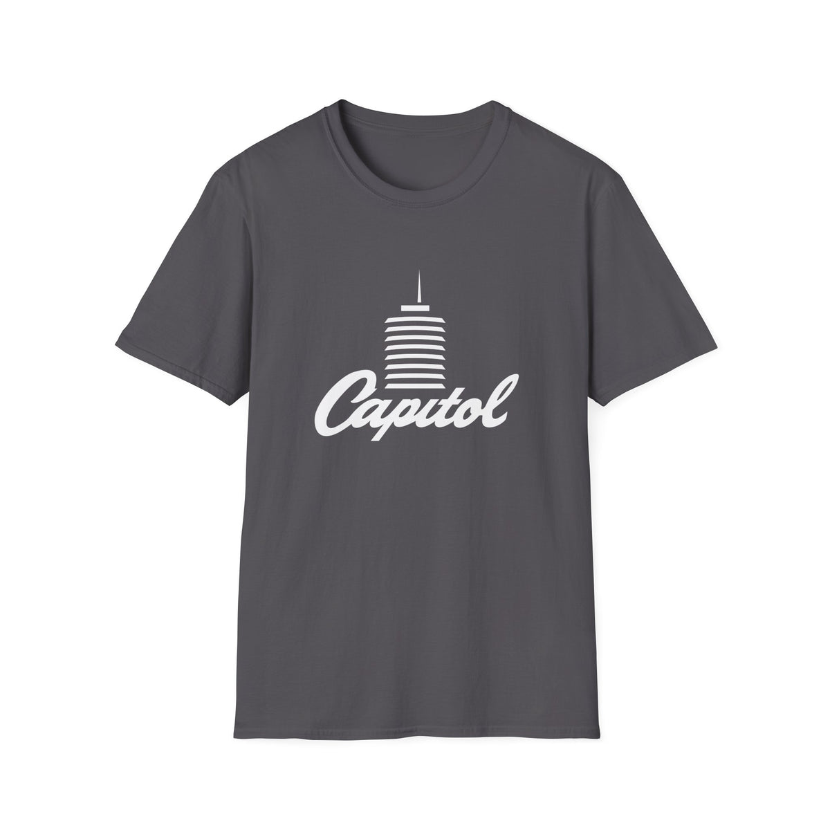 Dark grey t-shirt with white "Capitol" text and building graphic.
