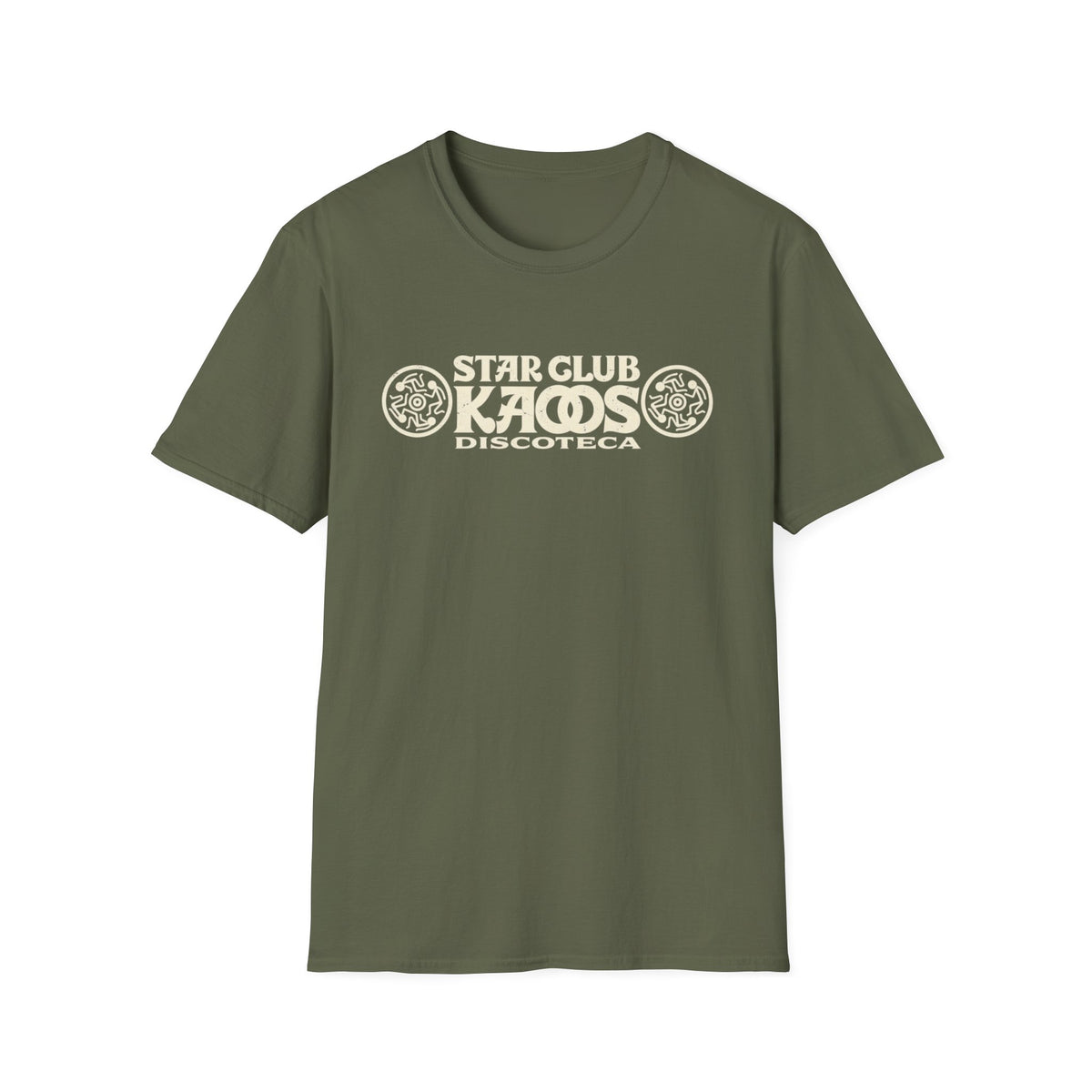 Olive green t-shirt with "STAR CLUB KAOS DISCOTECA" graphic.