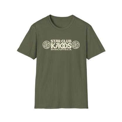 Olive green t-shirt with "STAR CLUB KAOS DISCOTECA" graphic.