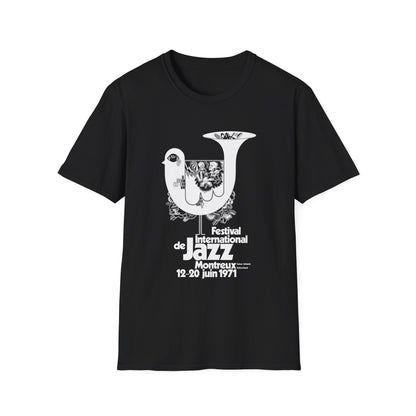Black t-shirt with Montreux International Jazz Festival 1971 graphic.