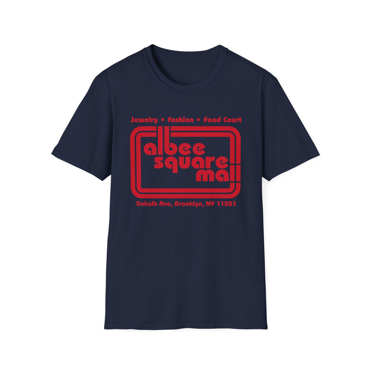 Navy t-shirt with red Albee Square Mall logo and Brooklyn address.