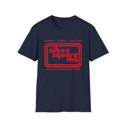 Navy t-shirt with red Albee Square Mall logo and Brooklyn address.