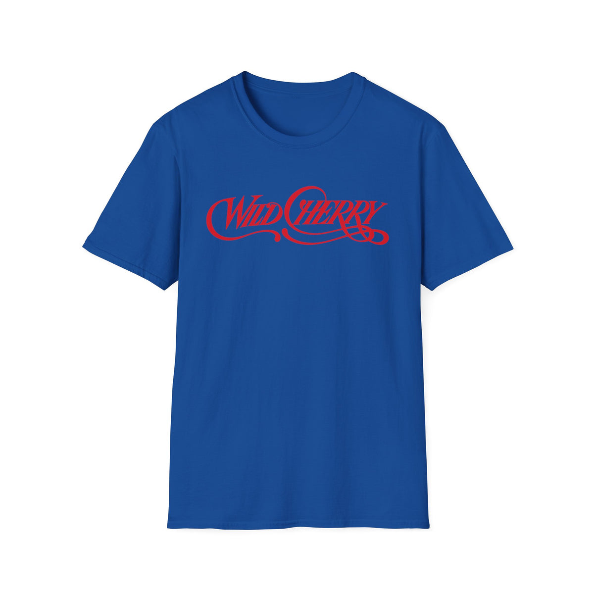 Blue t-shirt with red "Wild Cherry" text across the chest.