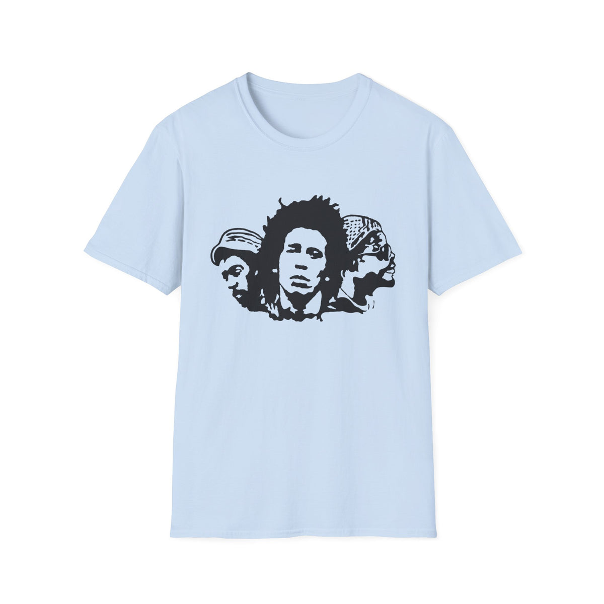 Light blue t-shirt with black graphic of three male faces in a row.
