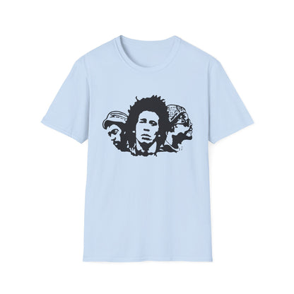 Light blue t-shirt with black graphic of three male faces in a row.