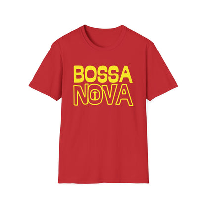 Red t-shirt with yellow text that reads "BOSSA NOVA" and an outline of Christ the Redeemer.