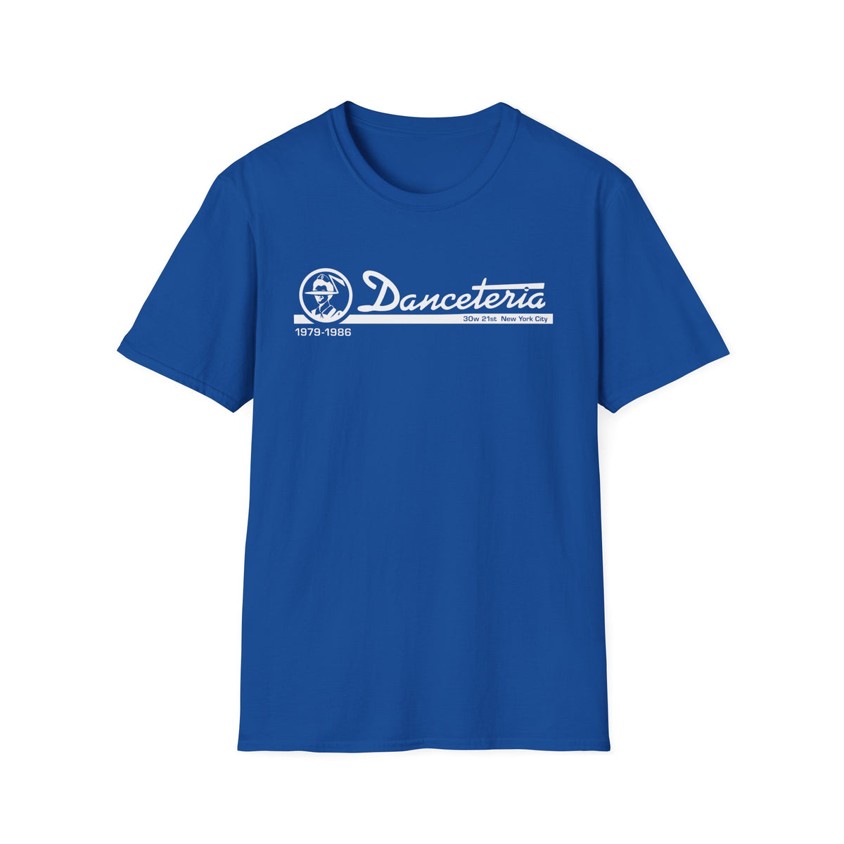 Blue t-shirt with white "Danceteria 1979-1986 30w 21st New York City" logo.