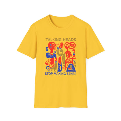 Yellow t-shirt with "Talking Heads Stop Making Sense" and abstract figures.