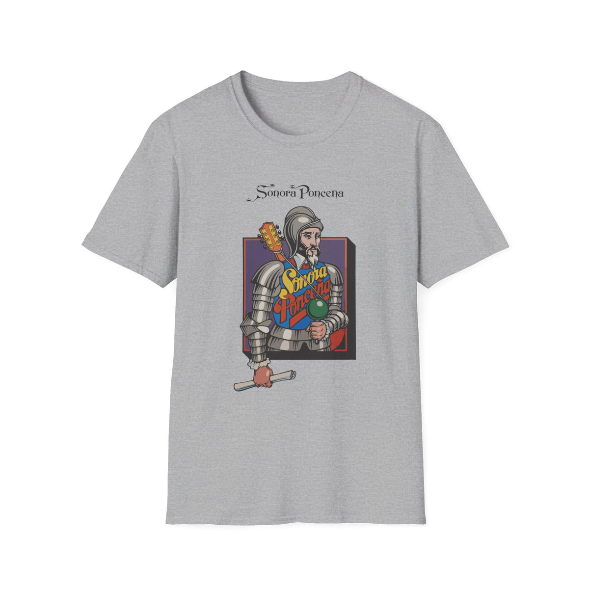 Grey t-shirt featuring a knight with a guitar and "Sonora Ponceña" text.