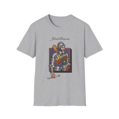 Grey t-shirt featuring a knight with a guitar and "Sonora Ponceña" text.