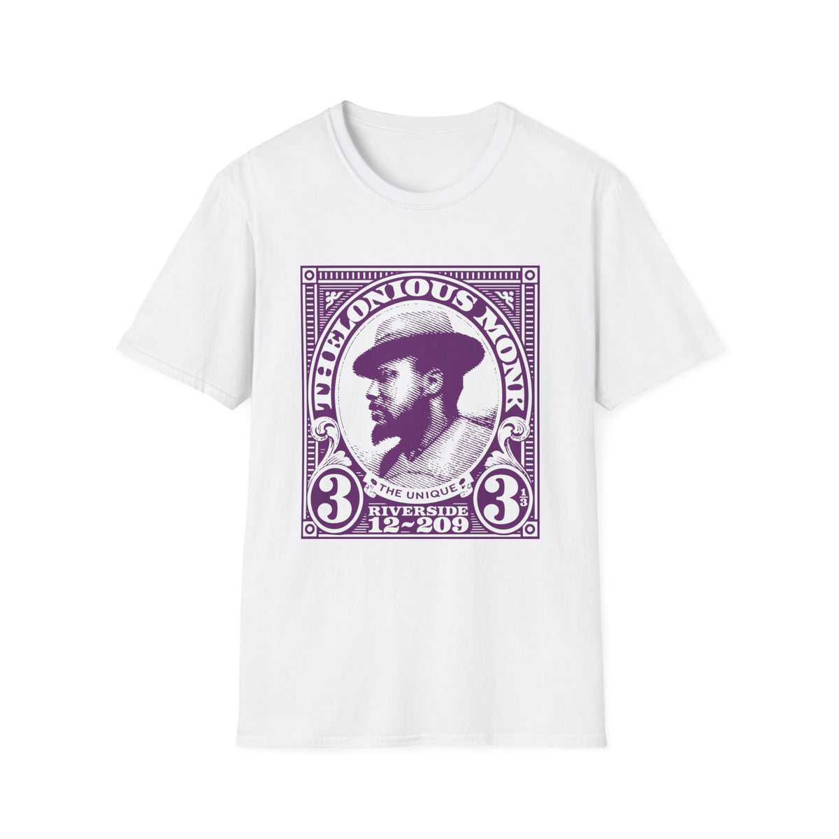 White t-shirt with purple Thelonious Monk stamp graphic and text.