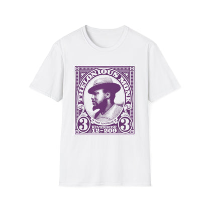 White t-shirt with purple Thelonious Monk stamp graphic and text.
