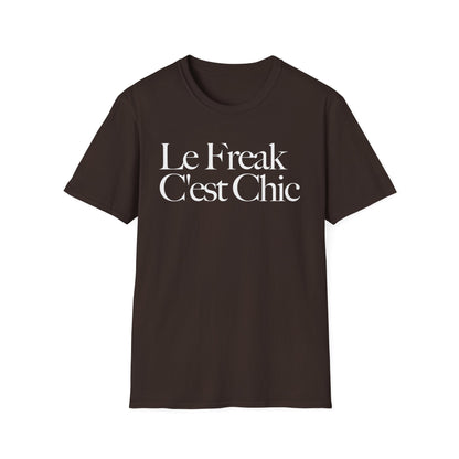 Brown t-shirt with white text "Le Freak C'est Chic" across the chest.