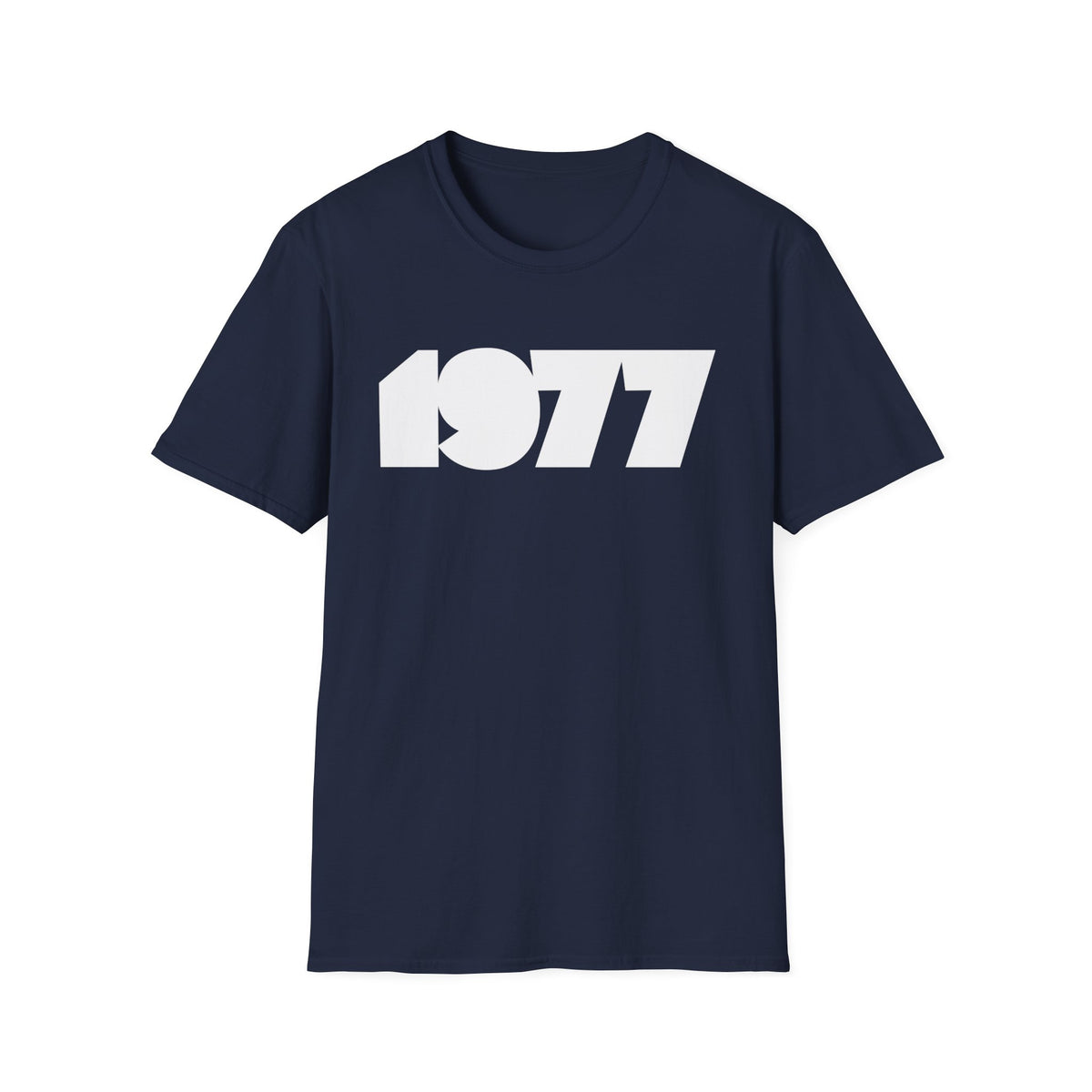 Navy t-shirt with white "1977" graphic design on the front.